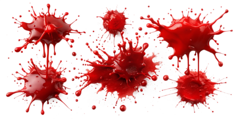collection of red blood splatters, flowing bloody stains, splashes and drops. Trail and drips red blood close up isolated on white background as transparent. PNG. AI GENERATED.