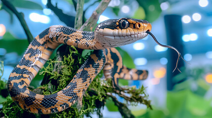 Obraz premium A close-up of a colorful snake resting on a branch, with its tongue flicking out, surrounded by lush greenery and hints of a blurred background.
