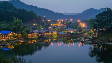 Fototapeta premium Tranquil Mountain Village at Dusk with Reflections