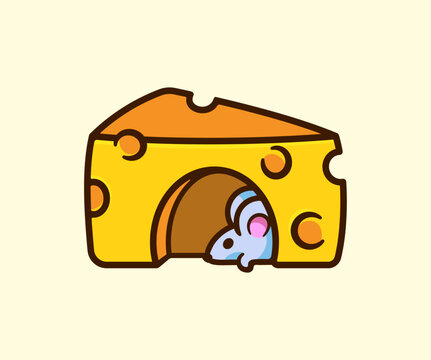 Mouse Peeking Out from a Slice of Yellow Cheese with Holes Cute Cartoon Illustration
