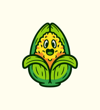 Corn Cob with Cheerful Expression Surrounded by Bright Green Leaves Delightful Cartoon Character Illustration Vector Design 