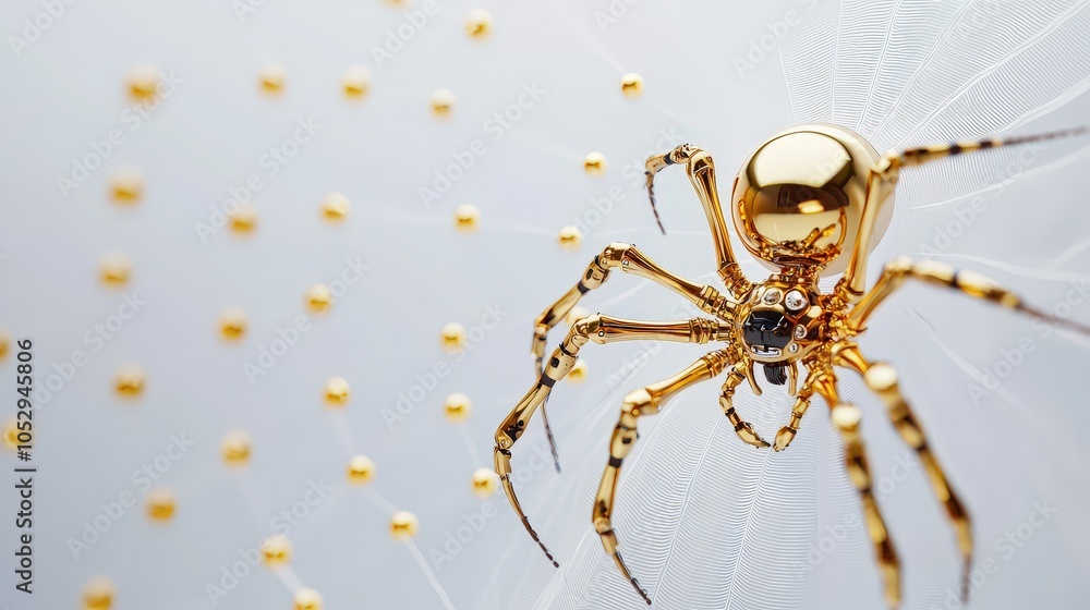 Poster gold spider robot weaving a mechanical web, isolated to showcase intricate design
