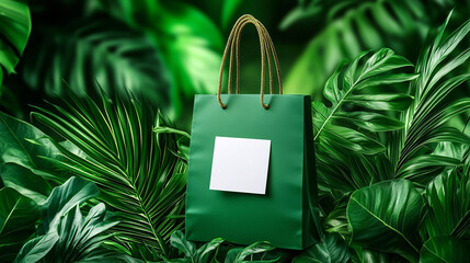 A green shopping bag rests amid lush green foliage, featuring a blank white label, suggesting a fresh, nature-inspired theme.
