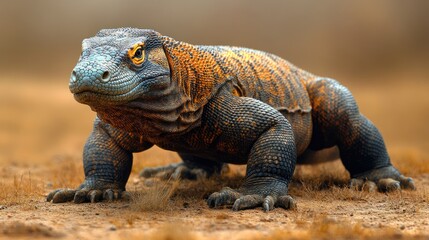 Fototapeta premium Close-up of a Komodo Dragon with Yellow Eyes Standing on Dry Ground