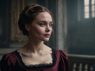 Fototapeta premium Elegant Woman with Dark Romantic Vibe in Vintage Attire and Soft, Cinematic Lighting