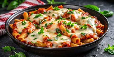 Close Up of Cheesy Baked Pasta in Black Bowl, Parsley Garnish, Italian Cuisine , Baked Pasta, Pasta Recipe