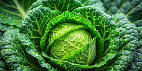 Fototapeta premium Close-up of a Fresh Cabbage with Dew Drops, Green, Veggies, Nature, cabbage, dew, fresh