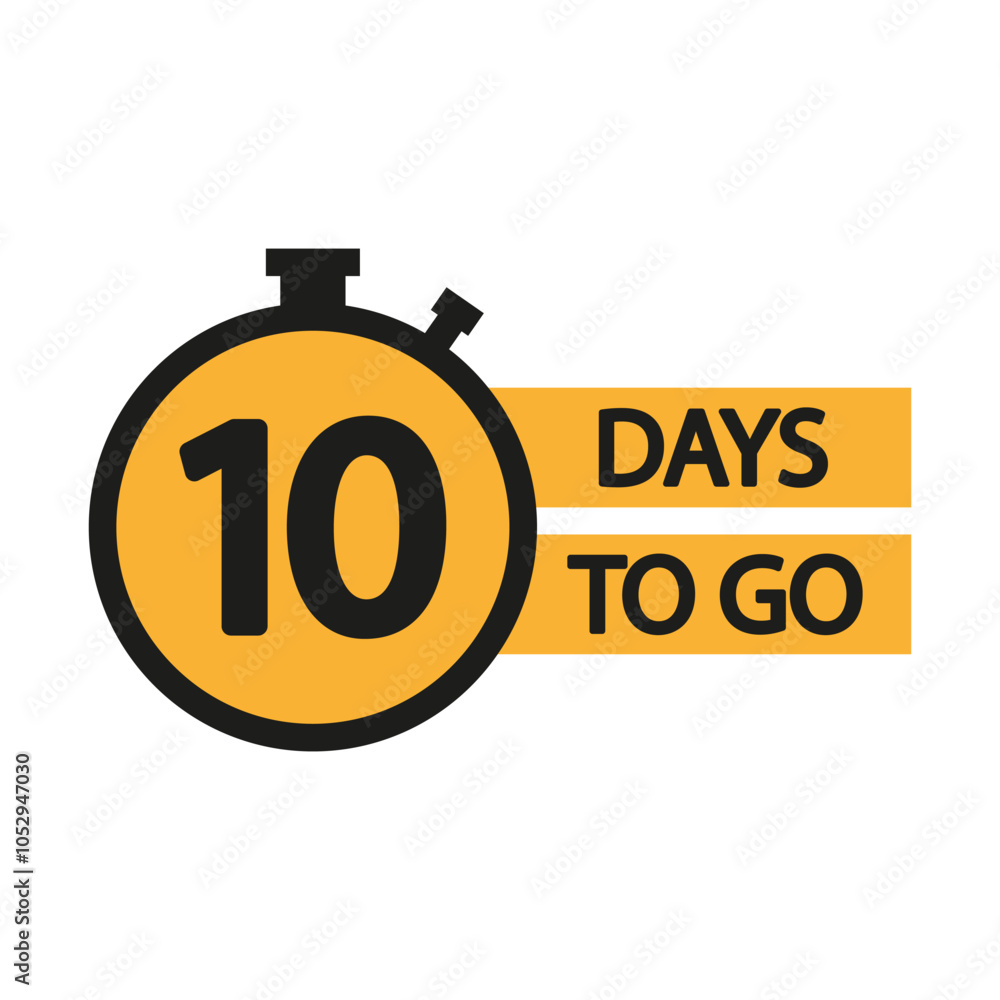 Poster countdown timer icon. number ten focus. bold 10 days to go text. yellow stopwatch graphic.