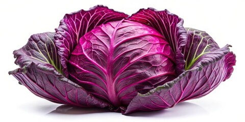 Obraz premium Closeup of a vibrant, purple red cabbage with a white background, showing detailed texture and veins. ,red cabbage, vegetable, texture