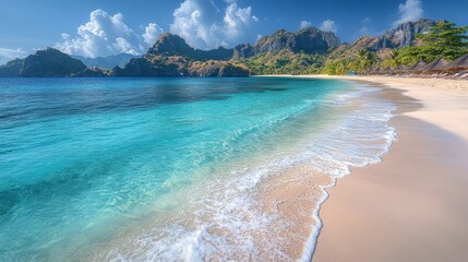 Obraz premium Tranquil Beach Scene with Lush Green Mountains and Clear Blue Waters