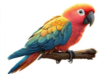 Colorful Scarlet Macaw Parrot Perched on Branch Isolated on White Background