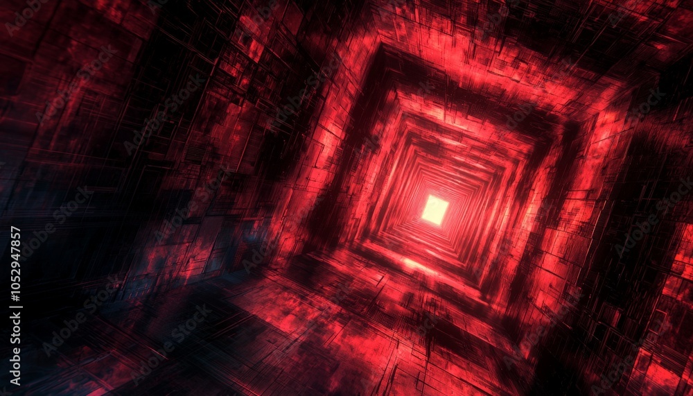 Poster exploring the depths of a futuristic tunnel a journey through vibrant red and dark patterns in abstr
