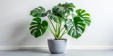 Monstera Deliciosa Plant in a Grey Pot, Close Up, White Background, Plant, Houseplant, Tropical