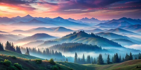 Misty Mountain Sunrise, Mountains, Fog, Landscape