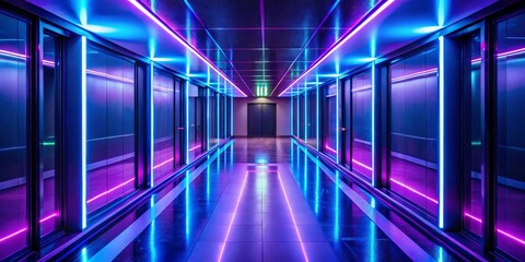 Fototapeta premium Neon Reflections in a Modern Hallway, Neon Lights, Hallway, Architecture