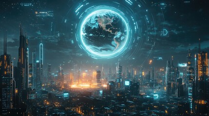 A futuristic cityscape with a glowing orb of the Earth in the sky, surrounded by digital data streams.