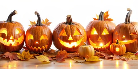 Smiling Jack-O-Lantern Pumpkins with Fall Leaves, Lit, Autumn, Halloween, Jack-O-Lantern