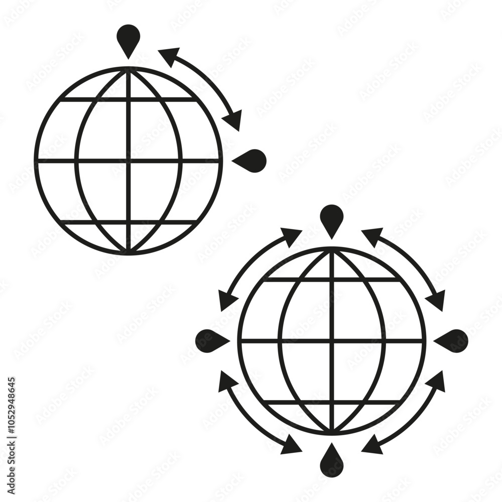 Poster global navigation icons. globe with location markers. directional arrows symbol. worldwide connectio