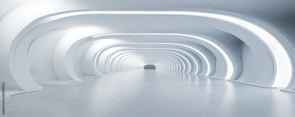 Poster exploring an ultra-modern architectural space with curved lines and neon lighting in a minimalistic 
