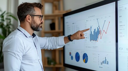 A professional analyzing data on a screen, pointing at various graphs and charts, in a modern office environment.