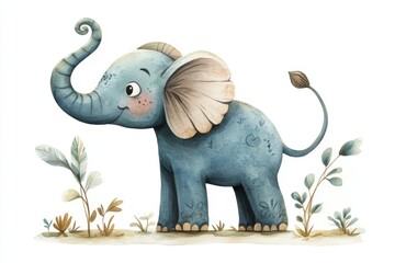 Obraz premium Cute Watercolor Elephant Illustration with Floral Elements