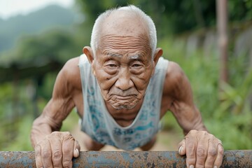 Endurance Unleashed: Authentic Documentary Portrait of Elderly Man Pushing Physical Limits in Extreme Exercise