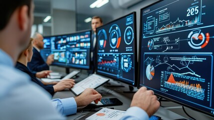 A team analyzes data on multiple screens in a modern office setting, focusing on graphs and metrics for informed decision-making.