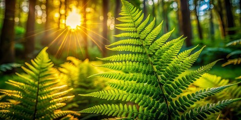 Fototapeta premium A vibrant fern frond stands tall against a backdrop of golden sunlight filtering through a dense forest canopy, creating a captivating display of natural beauty.