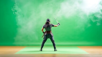 Warrior in action on green screen stage