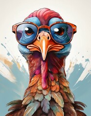 Colorful turkey wearing glasses, white background