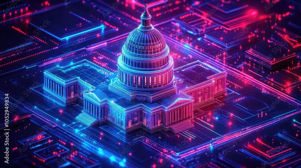 Poster a stylized 3d rendering of the us capitol building on a futuristic circuit board, illuminated in blu