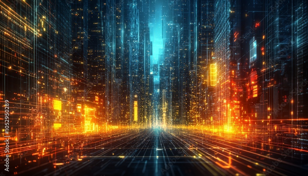 Poster exploring a futuristic cityscape a vibrant display of neon lights and digital architecture in a high