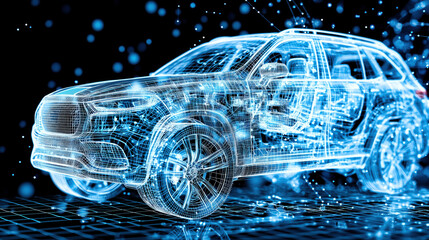 Naklejka premium Futuristic SUV Hologram: Sci-Fi Wireframe with Radiant Light