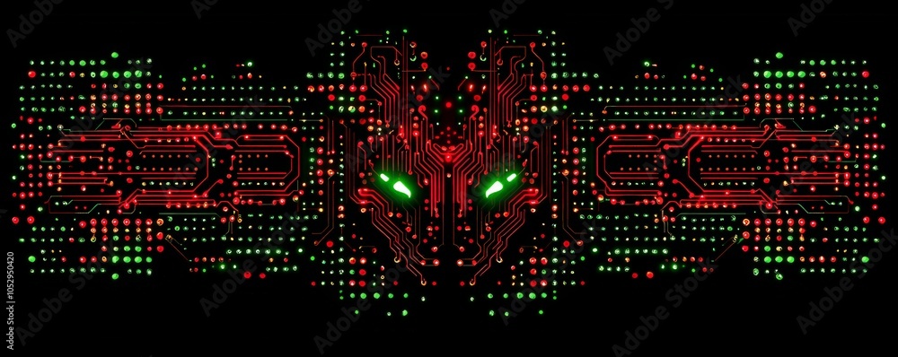 Poster futuristic digital wolf design with circuit patterns in red and green perfect for tech and cyber aes