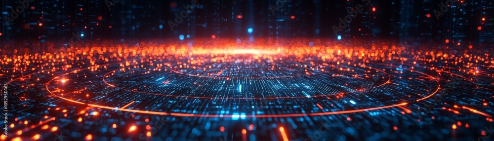 Poster futuristic digital landscape with glowing particles and data streams representing technology and inn