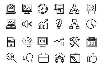 Digital marketing set of web icons in line style. Marketing icons for web and mobile app. Communication, advertising, ecommerce, seo, content, product, target audience, website, social media and more 