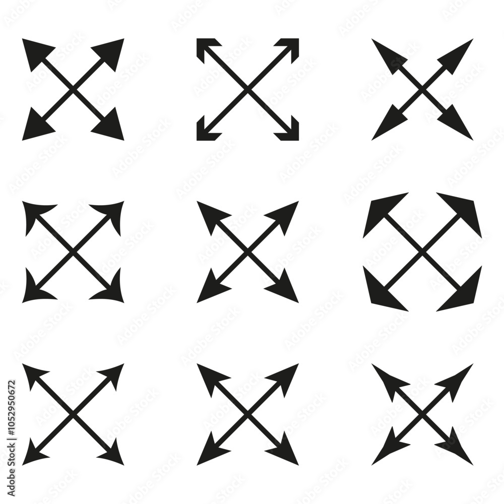 Poster crossed arrow icons. direction symbol. movement pointer. vector black shape.
