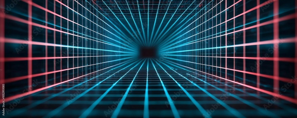 Poster exploring the depths of a futuristic digital tunnel with vibrant blue and red grids representing tec