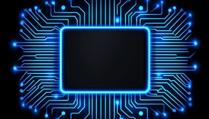 Futuristic circuit board design with neon blue glow on black background for technology and innovation themes