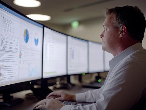 focused man analyzes data on multiple computer screens in modern office environment. screens display various graphs and charts, indicating data driven decision making process