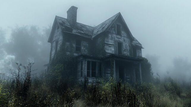 Abandoned House in Foggy Landscape