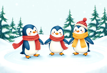 Fototapeta premium Little penguin wearing different colored scarves and hats with winter background