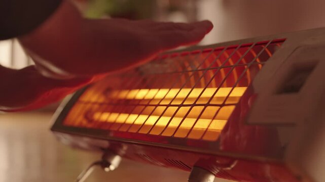Infrared Heater Radiating Warmth as Hands Reach Out on Cold Afternoon | Household Appliance Close-up Evoking Cozy Atmosphere of Domestic Hygge and Tranquility