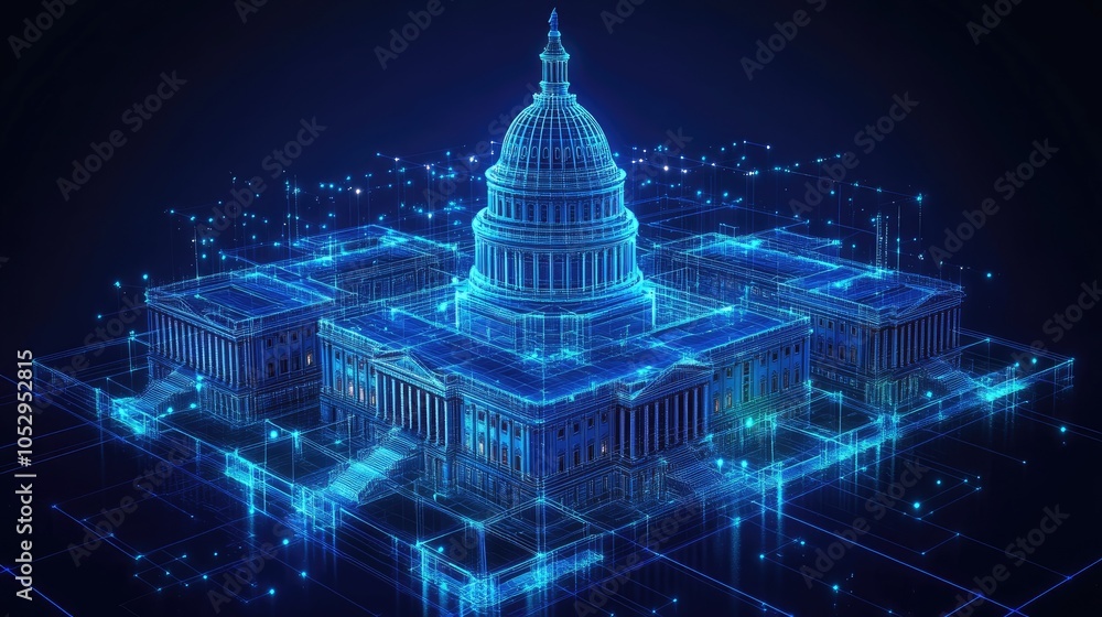 Poster a digital rendering of the us capitol building with glowing lines and nodes, symbolizing the interse