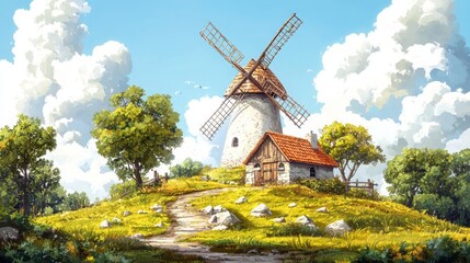 Charming 2D Cartoon Windmill on a Serene Farm