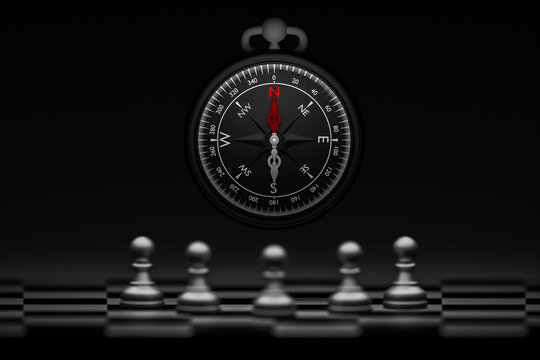 Chess pieces arranged on a chessboard are like employees in an organization or company and campass like goal or plan.