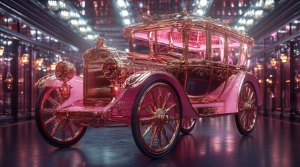 Fototapeta premium A vintage car in pink and gold hues, illuminated by pink and warm lights, on a reflective floor.