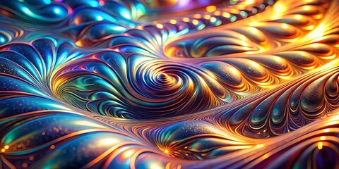 Abstract iridescent swirling metallic texture with a central focal point and a gradient of vibrant colors