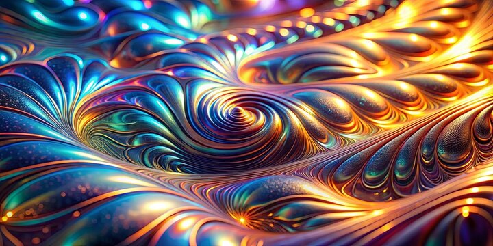 Abstract iridescent swirling metallic texture with a central focal point and a gradient of vibrant colors