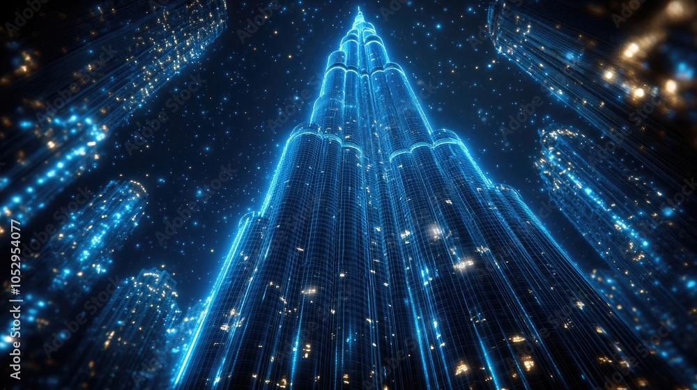Poster A futuristic cityscape with a towering skyscraper illuminated by glowing lights, creating a sense of wonder and innovation.